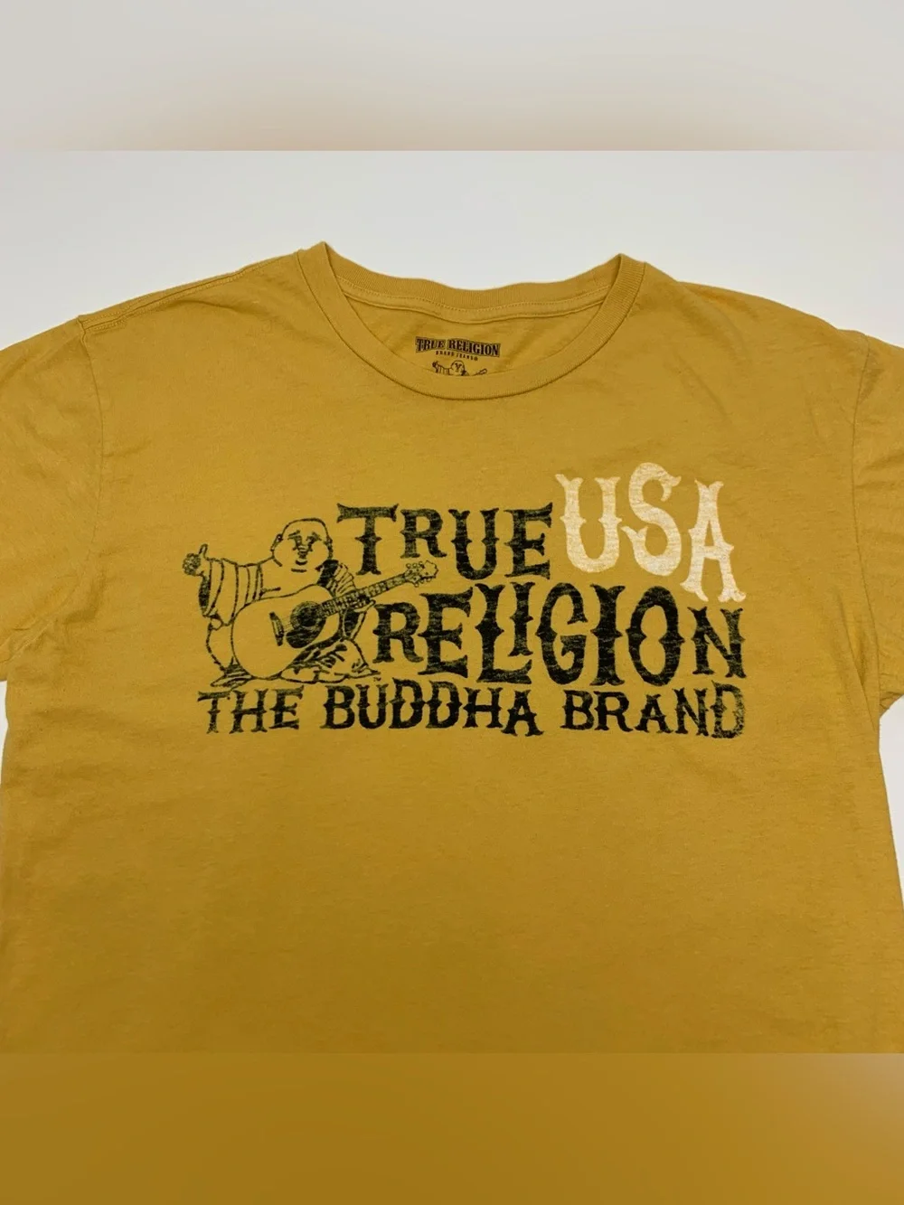 True Religion T-Shirt Buddha Brand Yellow Cotton Graphic Tee Mens Size Medium - Picture 8 of 8